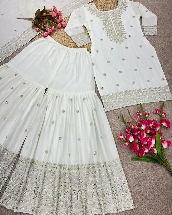 Designer Embroidered Sharara Suit, White Silk with Gold Embellishments, Three-Quarter Sleeves