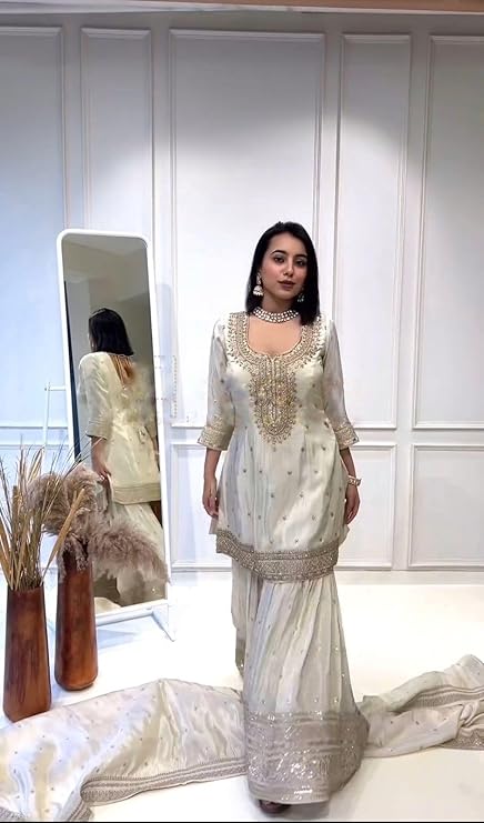 Designer Embroidered Sharara Suit, White Silk with Gold Embellishments, Three-Quarter Sleeves