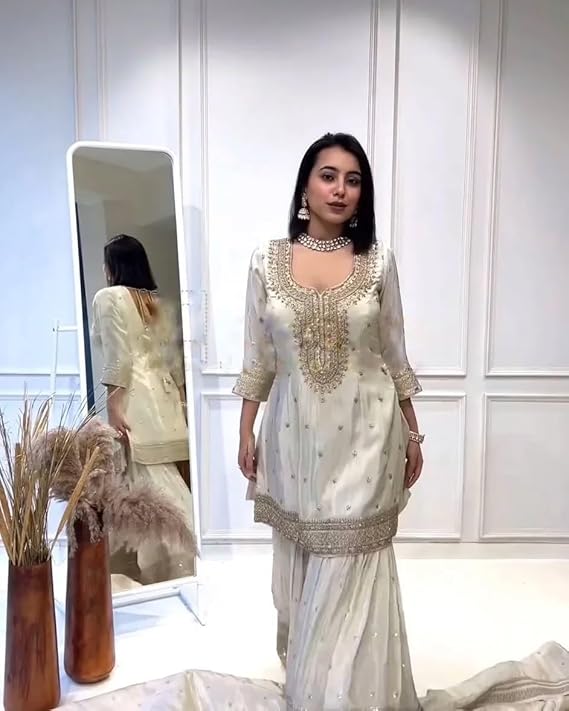 Designer Embroidered Sharara Suit, White Silk with Gold Embellishments, Three-Quarter Sleeves