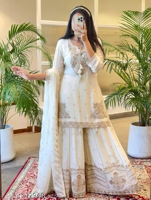 Elegant White Embroidered Sharara Set with Lace Details, Traditional Indian Ethnic Wear fashionable