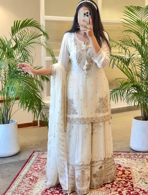 Elegant White Embroidered Sharara Set with Lace Details, Traditional Indian Ethnic Wear fashionable