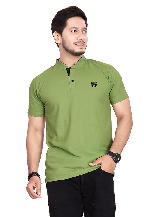 BAGHADBILLO Men's and Boy's Polyster T-Shirt with Mandarin Collared Neck Half Sleeves Closuer Button and Regular Fit