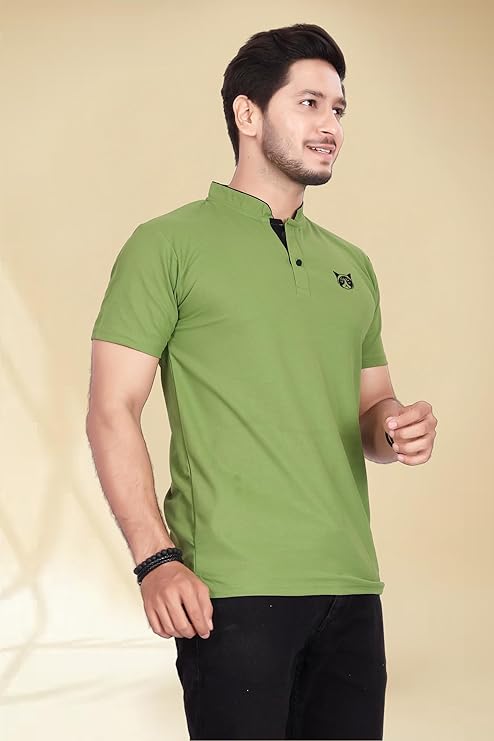 BAGHADBILLO Men's and Boy's Polyster T-Shirt with Mandarin Collared Neck Half Sleeves Closuer Button and Regular Fit