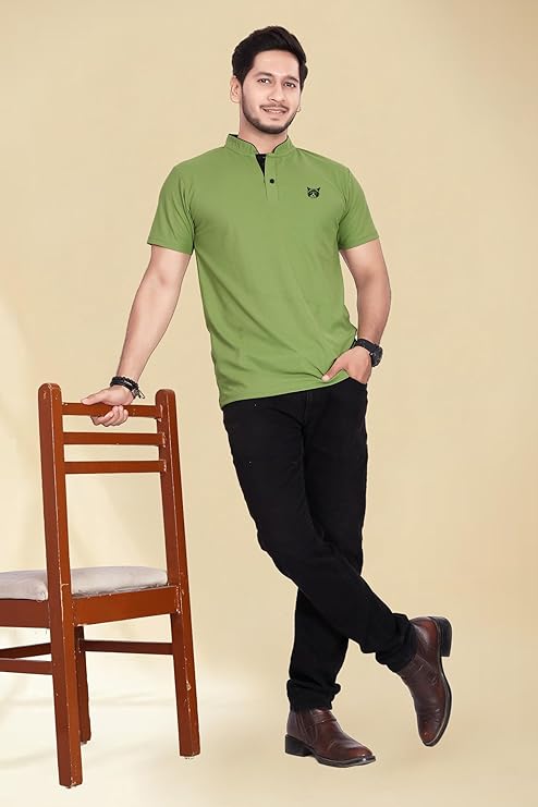 BAGHADBILLO Men's and Boy's Polyster T-Shirt with Mandarin Collared Neck Half Sleeves Closuer Button and Regular Fit