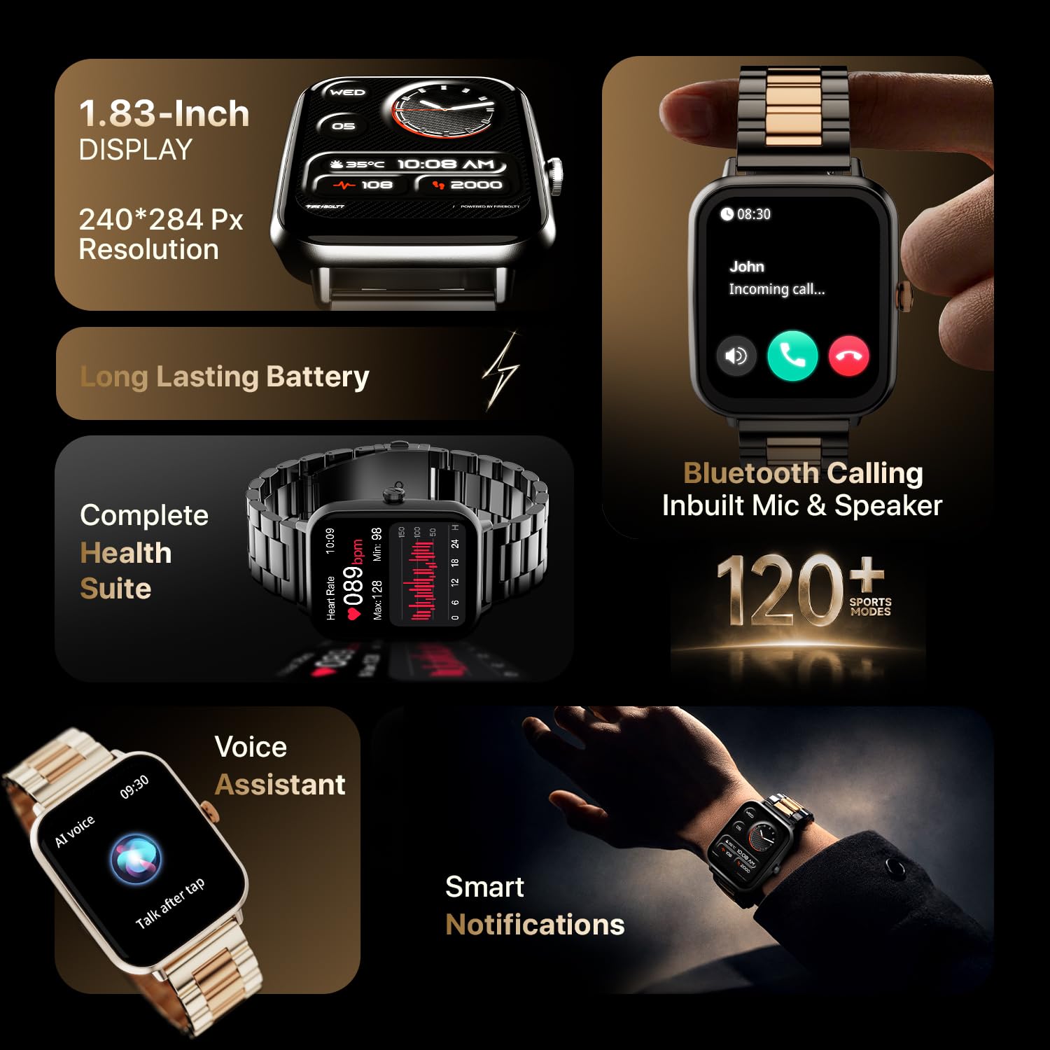 Fire-Boltt Ninja Blaze Smart Watch, Stainless Steel Strap & Steel Body, 1.83” Display